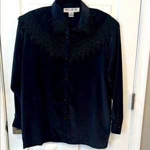 Vintage 80s Black Embroidered Button-Up Shirt sz 16